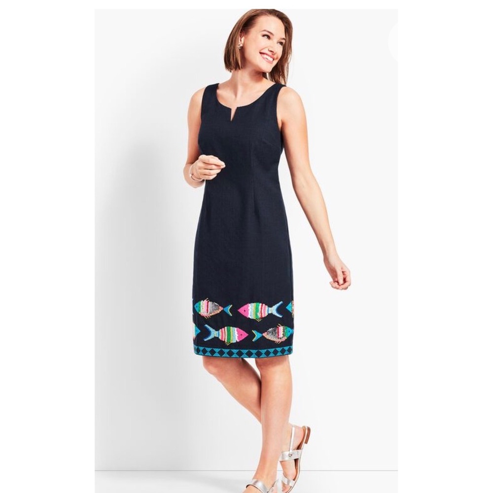 Talbots Sheath Dress Women 14 Navy Blue Sequin Fish Embroidery Sleeveless